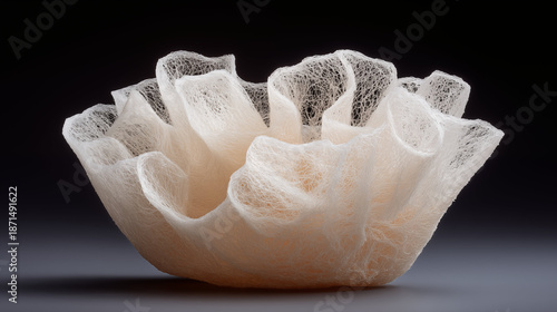 White organic sculptural form with delicate lace-like texture isolated on gradient background, abstract art and natural structure concept