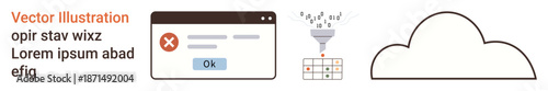 Data analysis, cloud storage, error management, digital processes, tech automation, user interfaces. Visuals include error alert window, data filter funnel cloud shape. Data analysis and cloud