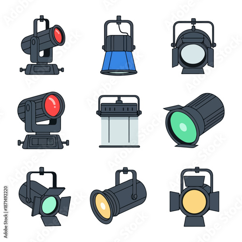 Concert Stage Lights Icon Set – Flat Vector Illustrations of Moving Heads, PAR Cans, and Spotlights on White Background  