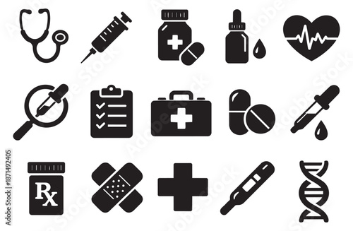 Modern medical glyph icon set featuring a stethoscope, syringe, pills, and first aid kit for healthcare applications