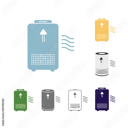 Air purifiers in various colors with airflow icons displayed  
