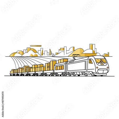 Train transporting cargo through cityscape in minimalist style  