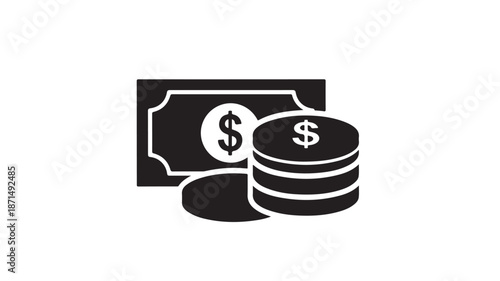 Black Dollar Coins and Bill Isolated on White Background