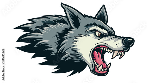 Fierce Cartoon Wolf with Angry Expression and Bold Outline on White Background