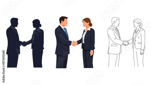 Collection of business partnership illustrations showing handshake concepts in silhouette color and outline styles