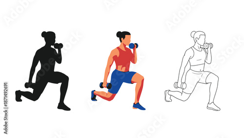 Woman performing dumbbell lunges exercise demonstrating silhouette flat and outline icon styles