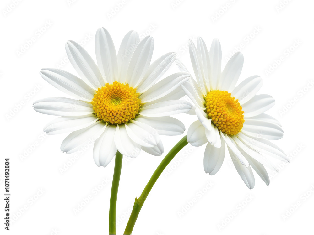 Fototapeta premium A simple arrangement of white flowers with yellow centers in a clear glass vase