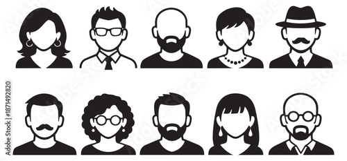Minimalist line art people avatar set featuring diverse male and female characters for user interface design