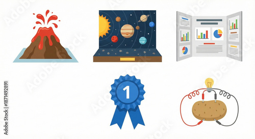 Collection of diverse science fair projects and educational experiments fostering curiosity and learning, celebrating academic achievement