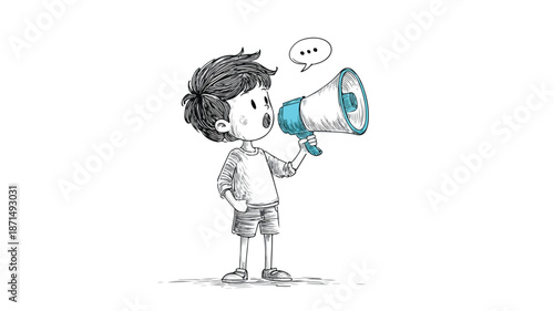 Young Boy Communicating Effectively with Megaphone, Isolated on White Background