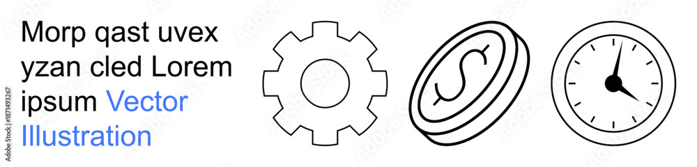 Obraz premium Business strategy, time management, financial planning, economic growth, productivity, wealth. Gear, clock and dollar coin icons in black outline. Business strategy and time management