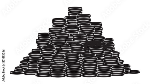 Stacked Black Coins Pyramid on White Background