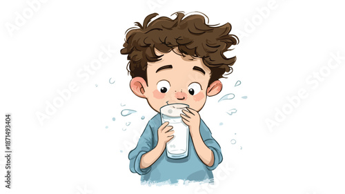 Cute Cartoon Boy Drinking Milk in a Glass Vector Illustration with Outline Isolated on White Background