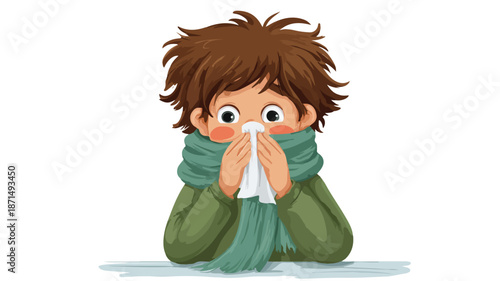 Illustration of a Sick Cartoon Boy with Flu Symptoms on White Background