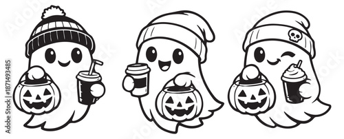 Cute hand drawn ghost set featuring characters wearing beanies, holding jack-o'-lanterns and coffee cups for halloween celebrations
