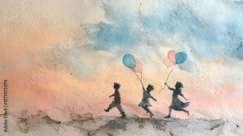 Children playing with balloons watercolor art - joyful childhood,Children Holidays