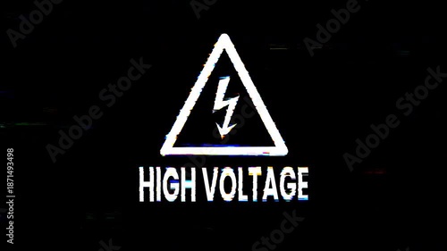 High voltage warning sign text animation with glitch effect. Ideal for electrical safety articles, technology themed designs, and futuristic digital concepts. 4k animated typography
