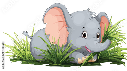 Adorable Baby Elephant Cartoon Eating Grass Vector Illustration