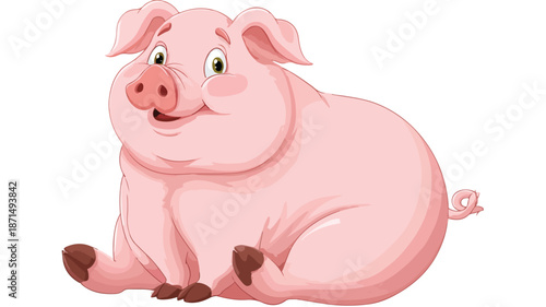 Charming Cartoon Fat Pig Posing Sitting Vector with Outline Isolated