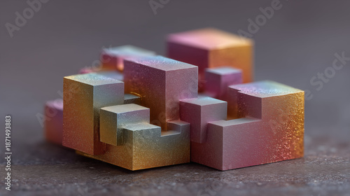 Abstract geometric blocks with gradient texture in pink orange and teal colors on gray surface. Concept of design, architecture, and modern art