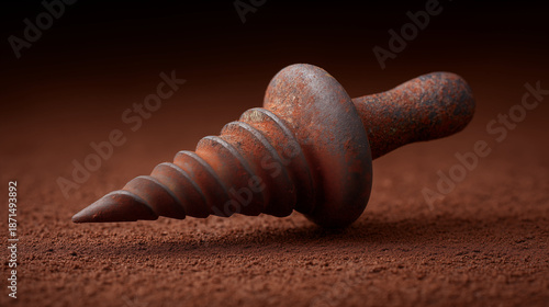 Wooden honey dipper with spiral grooves resting on brown textured surface in warm lighting. Concept of natural sweetener, cooking, and organic food