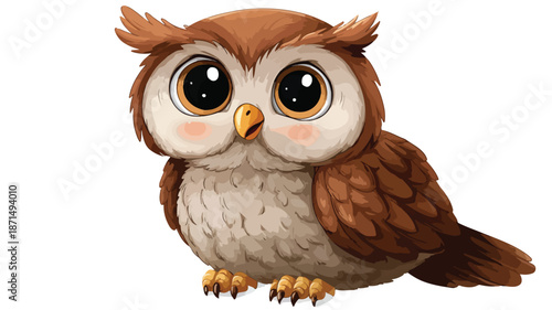 Adorable Cartoon Owl on White Background with Outline - Vector Illustration