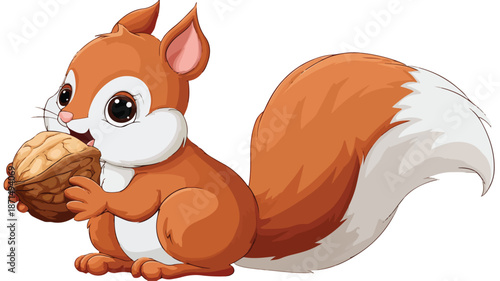 Adorable Cartoon Squirrel Holding Nut Vector Illustration with Outline Isolated on White Background