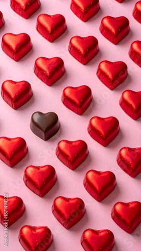Wallpaper Mural Romantic repeating pattern of red foil-wrapped heart chocolates on a pastel pink surface, featuring a single unwrapped chocolate as a focal point. Perfect for Valentine’s Day, love, and romance Torontodigital.ca