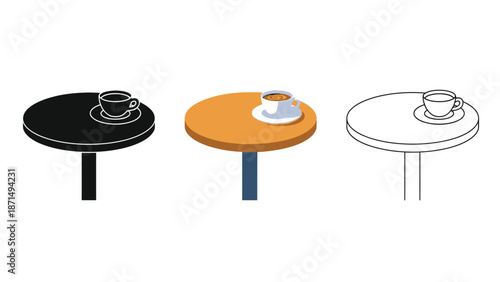 Collection of three isolated isometric round tables each featuring a single cup of coffee illustration styles