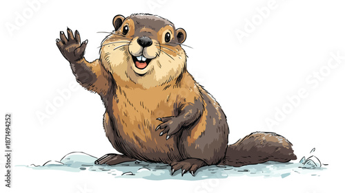 Friendly Cartoon Groundhog Waving on White Background Vector Illustration