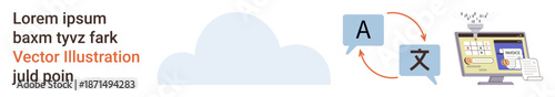 Cloud computing, translation services, digital communication, education tools, language learning, software. A cloud with icons of language translation and a computer screen. s cloud computing
