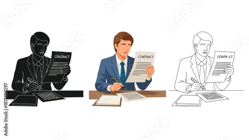 Businessman reviewing important legal contract document before signing papers at a desk