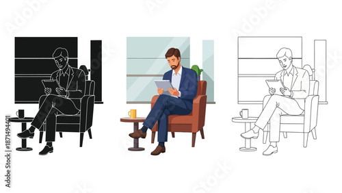 Businessman relaxing in a comfortable chair while engaging with a digital tablet device