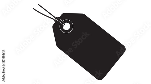 Black price tag in minimalist design with simple string on white background for retail branding