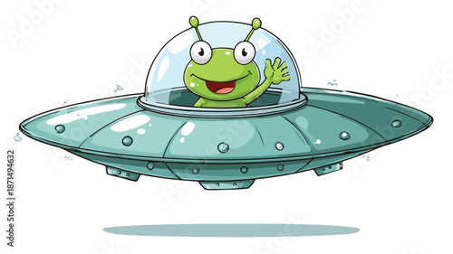Alien Waving Cartoon UFO Illustration with Outline Isolated