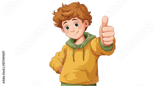 Smiling Cartoon Young Boy Thumbs-Up Vector Illustration Isolated on White Background