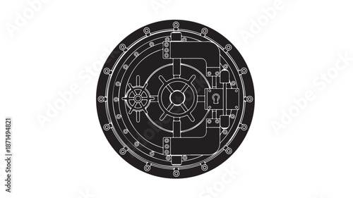 Ancient clock face in minimalist design with white lines on black background in circular format for horology