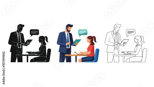 Business instructor presenting feedback or lesson plan to seated female colleague using digital tablet