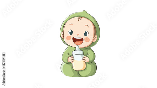 Adorable Baby Holding Bottle Vector Outline on White Background