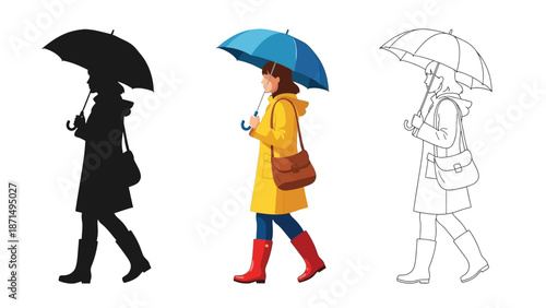 Collection of three different styles depicting a woman walking while carrying a bright blue umbrella