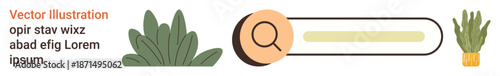 Web design, search interface, gardening, natural , minimalism, online tools. Magnifying glass in a search bar next to green plants. Web design and search interface concepts