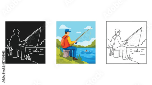 Collection of three distinct styles illustrating a man peacefully fishing by the calm lake water