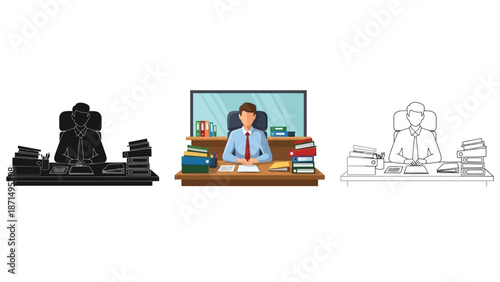Business manager sitting at large desk surrounded by stacks of colorful files and documents in three styles