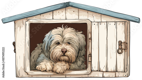 Adorable Dog in Modern Kennel on White Background with Outline - Vector Illustration