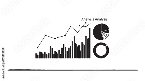 Business Analytics Graph with Bar Chart, Line Graph, and Pie Charts in Monochromatic Style on White Background for Financial Analysis