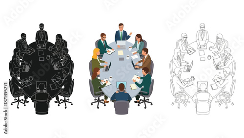 Three styles of business meeting illustration showing executives collaborating around a large conference table