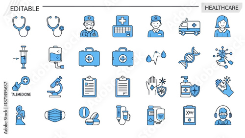 Editable healthcare icons set for medical and hospital use cases
