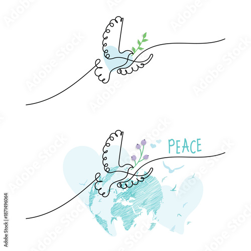 International Day of Peace. A set of posters and cards with doves drawn in a single line. Concepts of love, peace, and kindness.