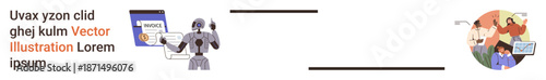 Online security, artificial intelligence, teamwork, digital collaboration, technology advancements, automation concepts. A robot interacting with a screen and a team working on a project. Online