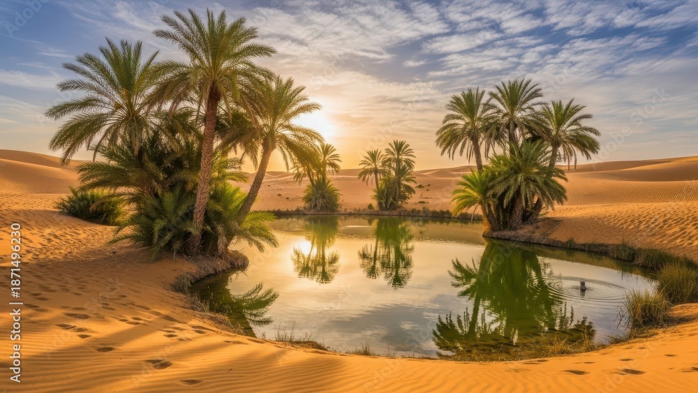 Fototapeta premium Sunlit oasis in a tranquil desert landscape.